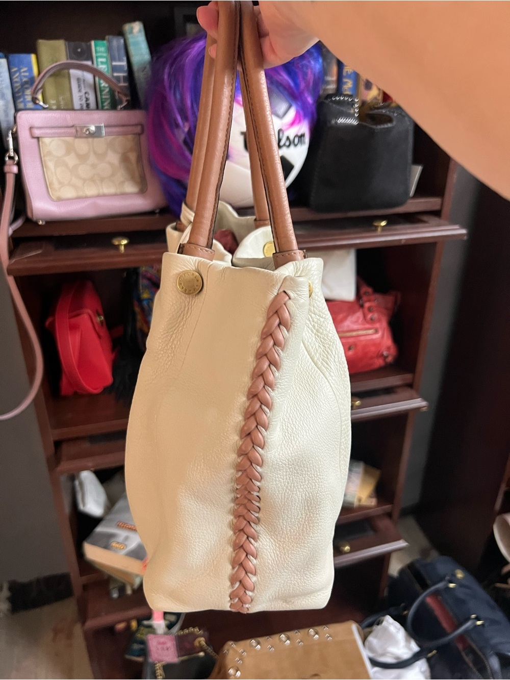 Furla Ivory Whipstitch Leather Tote with Tan Handles - Picture 3 of 10